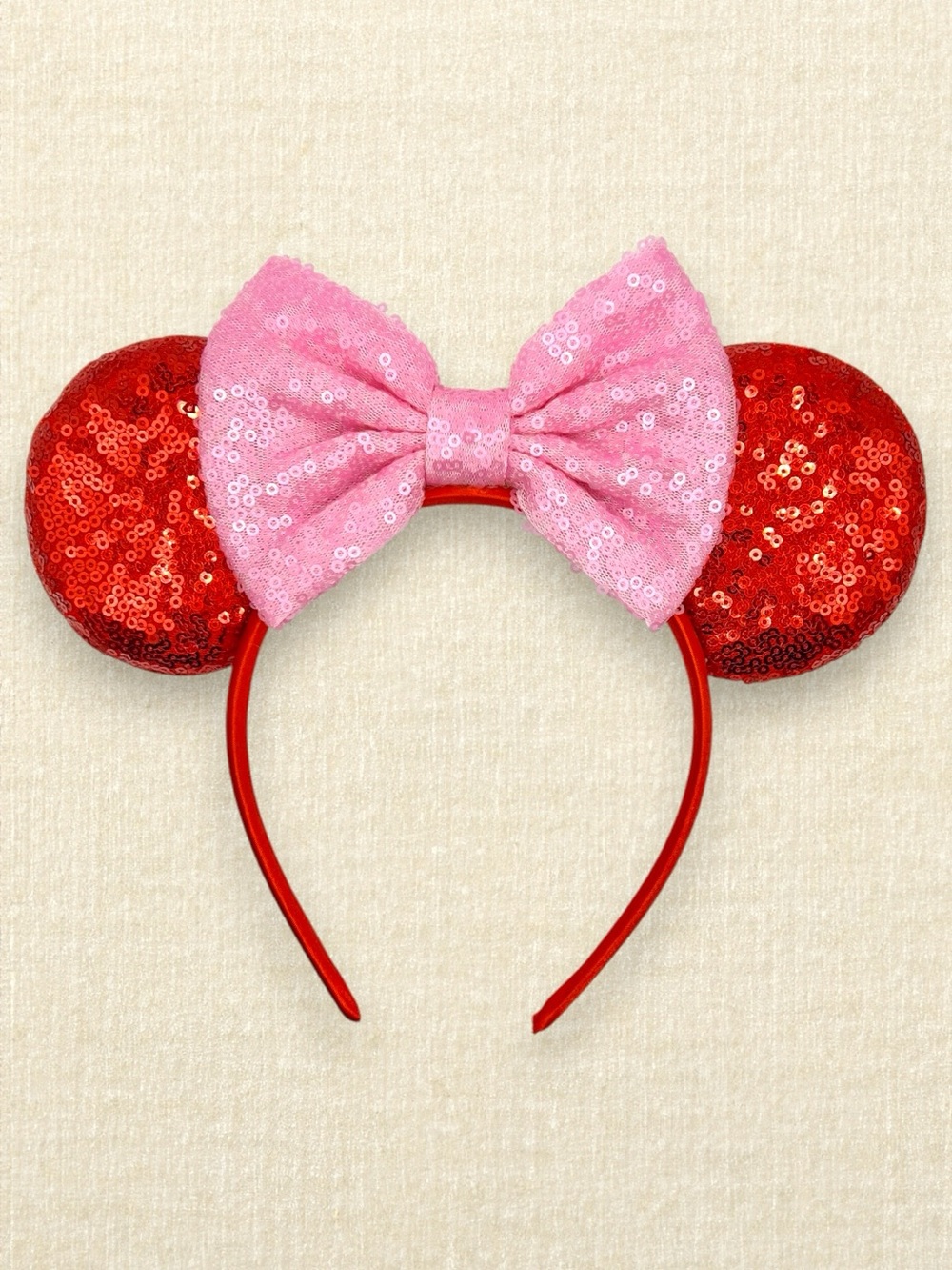Red Sequin Minnie Ears – Pink Bow | Disney-Inspired Minnie Mouse Ears